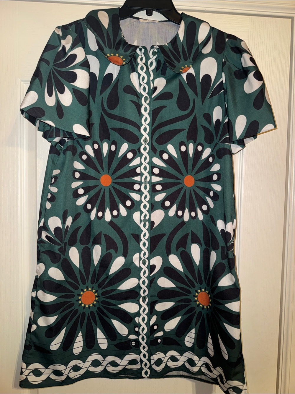 SUNDAY UP GREEN BLACK MINI COLLAR SHIRT DRESS LARGE